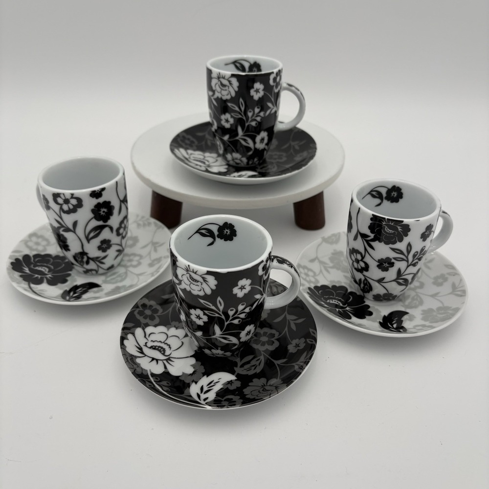 Floral Espresso Cups Set Of 4 PPD Accents Black White Small Cortado